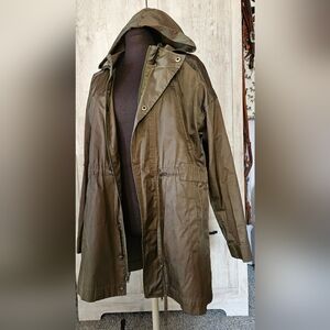 DANA BUCHMAN SPRING TRENCH CAR COAT JACKET HOODED SAFARI Sz L